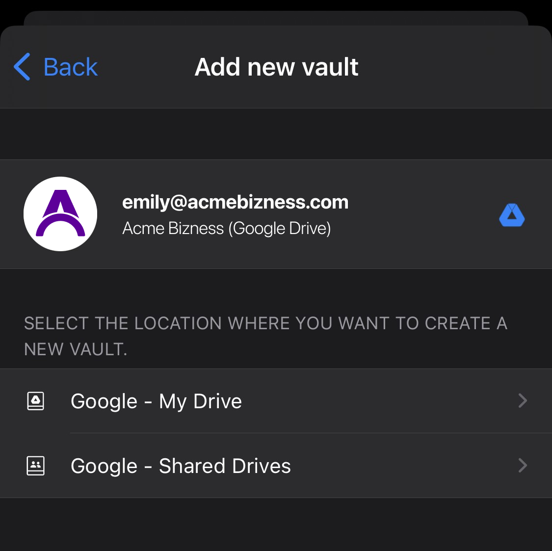 Create new business vault on Google Drive - Enpass Business iOS